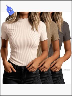 3 Pack Women's Mock Turtleneck Tops Short Sleeve Cotton Ribbed Tees